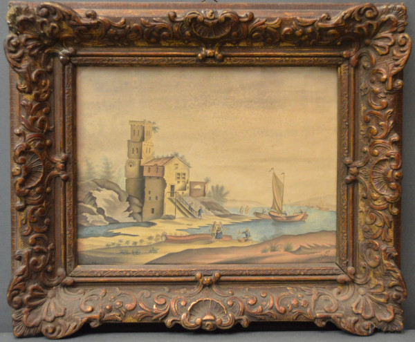 Paesaggio fluviale con barche e figure, acquarello su carta, 29x24 cm, entro cornice firmato e datato 1839.