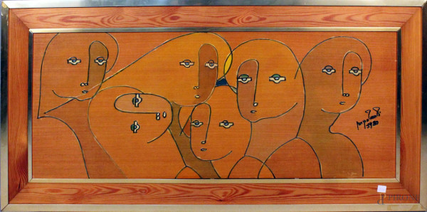 Sergio Edward Linchi, Donne di Positano, ossidi su legno, cm 40x100, entro cornice.