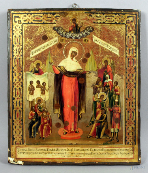 Madonna con Santi, icona dipinta ad olio su tavola, Russia, XIX secolo, cm. 31x26,5.