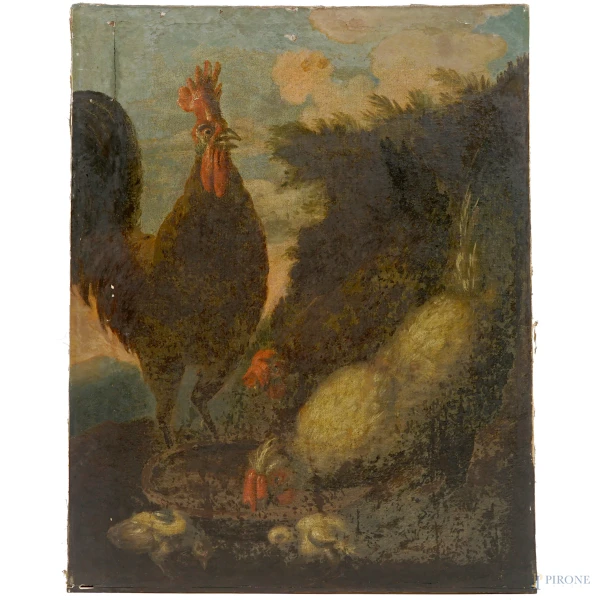 Scuola italiana del XVIII secolo, Galli e pulcini, olio su tela, cm 81,5x63 (difetti)