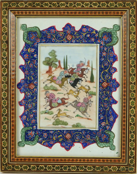 Miniatura persiana raffigurante scena di caccia, cm 22,5x16,5,XX secolo, entro cornice
