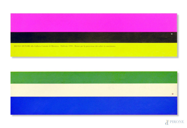 Bruno Munari (1907 - 1998), rara e singolare Edizione di biglietto d&#39;invito progettato da Munari per la mostra &quot;Rotori per la percezione dei colori in movimento&quot;, Edizione e galleria Corraini - Mantova, cm. 21x6.
