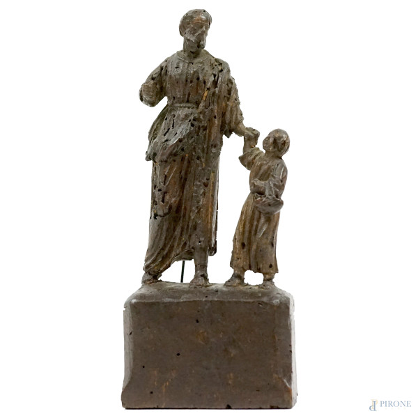San Giuseppe con il Bambino, scultura in legno intagliato, cm h 19,5, XVIII secolo, (difetti).