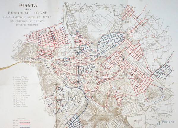 Sulla fognatura della Città di Roma - Pianta delle principali fognature sulla sinistra e la destra del Tevere con indicazioni delle relative superfici tributarie, Roma, fine XIX-inizi XX secolo,  (difetti, pagine recise e mancanti).