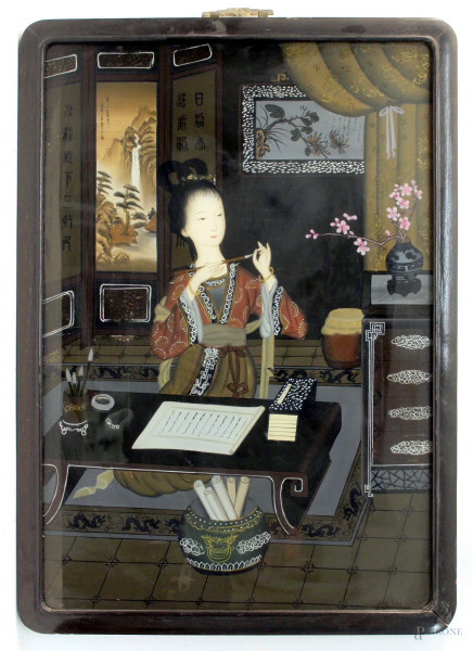 Interno con figura, dipinto su carta, cm 65x45, Cina, inizi XX sec, entro cornice.