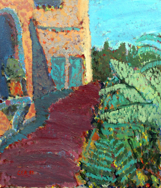 Paesaggio con viale, olio su tela, firmato e datato cm 70x61