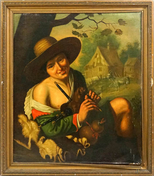 Cerchia di Peter Wtewael (Utrecht, 1596-1660), Pastore con cornamusa, olio su tela, cm 85x73, entro cornice