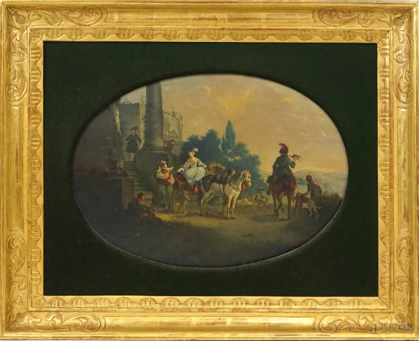 Antico dipinto raffigurante esterno di villa con scena di corte, olio su tavola ad assetto ovale, cm 38,5x54, entro cornice.