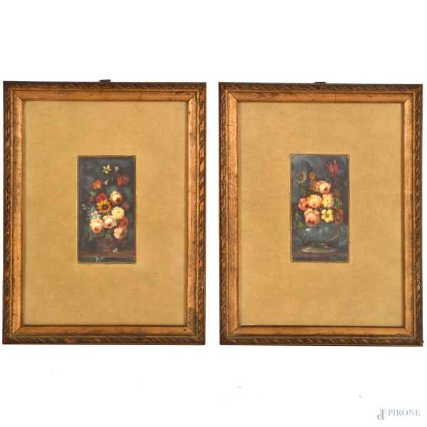 Coppia di nature morte, olio su cartone, XX secolo, cm 11x6, entro cornice