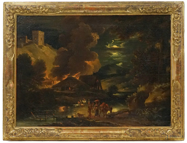 Pittore attivo a Genova alla fine del XVII secolo, Fuga da un incendio al chiaro di luna, olio su tela, cm 34x54, entro cornice.