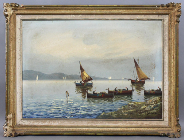 Marina con imbarcazioni, olio su tela, cm. 49,5x70, firmato, entro cornice.