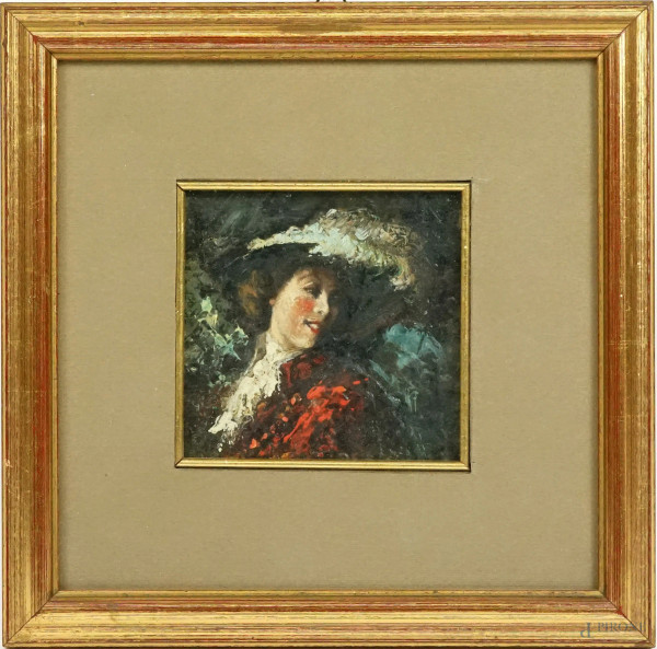 Ritratto di donna con cappello, olio su tavoletta, cm 11,5x11,5, inizi XX secolo, entro cornice