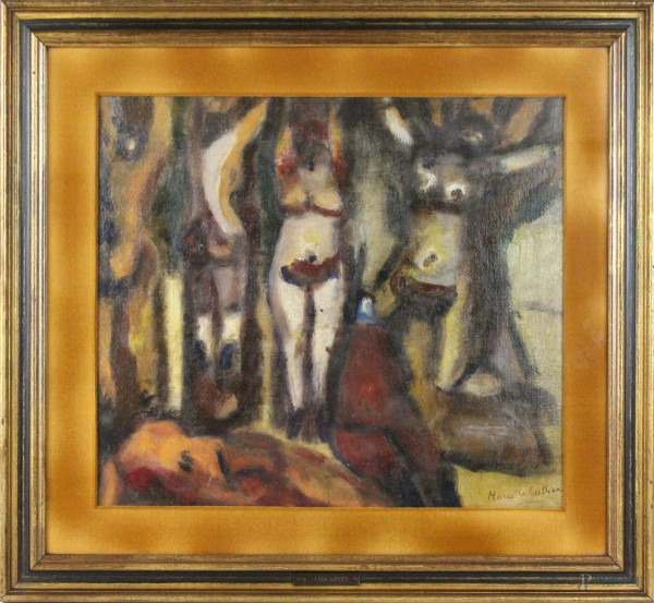 Marcello Gallian - Nudi, olio su cartone telato, cm. 33x38, entro cornice.