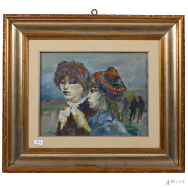 Mino Maccari (1898-1989), La Coppia, olio su cartone telato, cm35x44,5, firmato in basso a sinistra, entro cornice