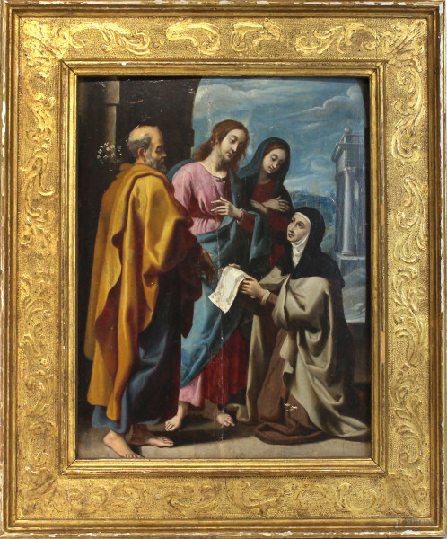 Pittore del XVI secolo, Santa Caterina da Siena con Cristo, la Vergine e San Giuseppe, olio su tavola, cm 44x34, entro cornice, (difetti).