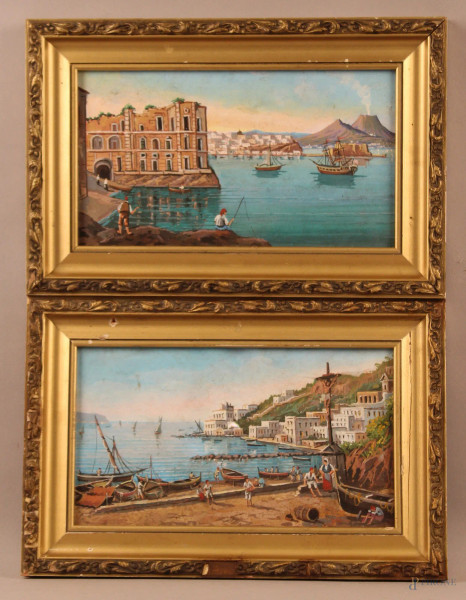 Coppia di vedute del Golfo di Napoli, acquarello su carta, 17x30 cm, XX sec, entro cornici.