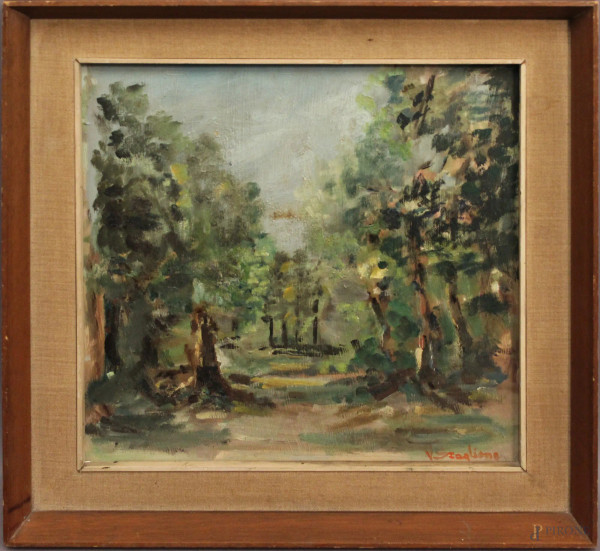 Scorcio di bosco, olio su tavola 33x35 cm, firmato, entro cornice.
