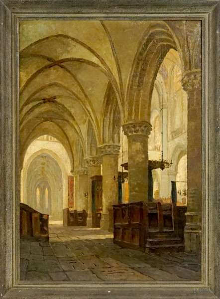 Interno di Cattedrale, olio su tela, cm 116x80,5, fine XIX secolo, entro cornice.