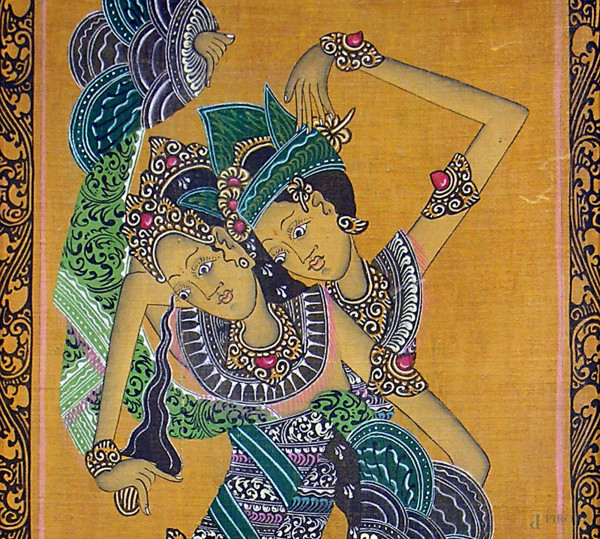 Maestro dell’arte asiatica, Danzatrici, dipinto a colori vegetali su tela applicata su faesite raffigurante, cm 30x70, anni 50