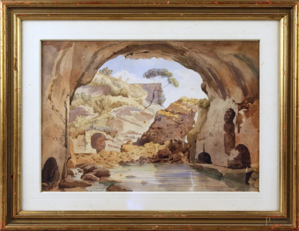 Giacinto Giganti - Paesaggio con grotta, acquarello su carta, cm. 22x32, entro cornice.