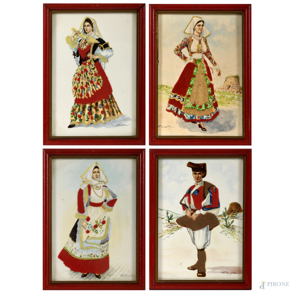 Lotto di quattro stampe colorate con inserti in tessuto rappresentanti costumi popolari, XX secolo, cm 14x10 entro cornice