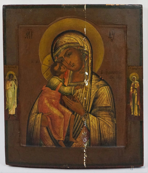 Icona raffigurante Madonna con Bambino e i Santi, tempera su tavola, cm 35,3x30, inizi XX secolo, (difetti e restauri).