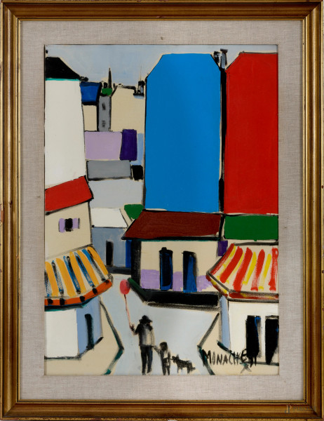 Sante Monachesi (1910-1991), Tetti di Parigi, acrilico su tela, cm 70x50 entro cornice