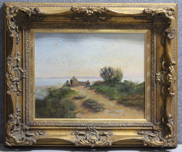 Paesaggio su sfondo mare e figure, olio su tela, 33x40 cm, entro cornice firmato
