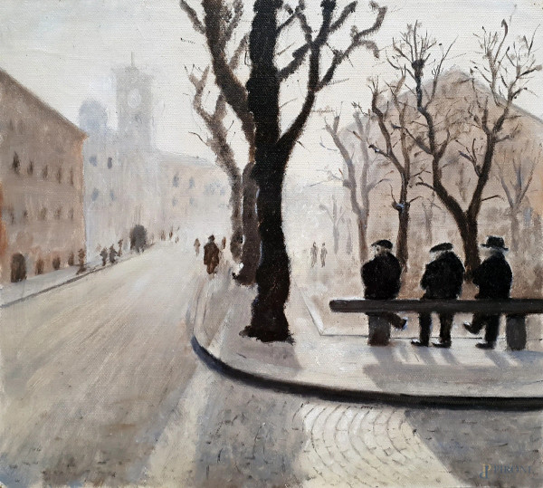 Maestro del Novecento, scorcio di paesaggio urbano con anziani sulla panchina, olio su tela, cm. 28x25.