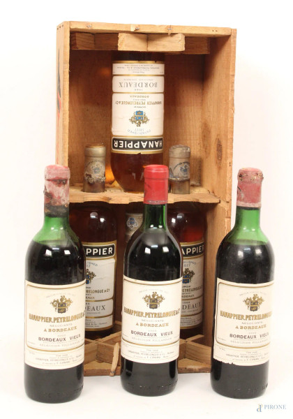 Lotto composto da sei bottiglie di vino bordeaux diverse.