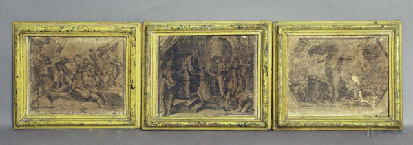 Lotto composto da tre incisioni su tela a soggetti diversi di cui due con monogramma HB, datata 1611-1615, cm 16,5 x 21, entro cornice.