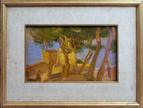 Adolfo De Carolis - Paesaggio, olio su cartone, cm 21 x 34, entro cornice.