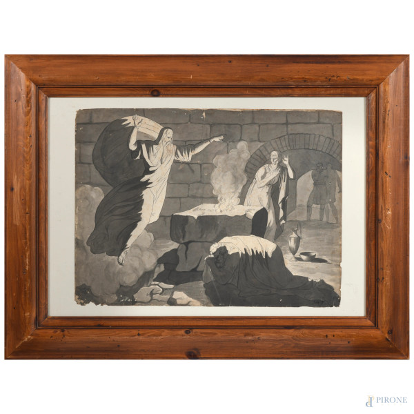 La supplica, XIX-XX secolo, tecnica mista su carta, cm 43x58, firmato in basso a sinistra, entro cornice, (segni di piegatura, strappi, piccole cadute di colore, abrasioni, segni di usura)