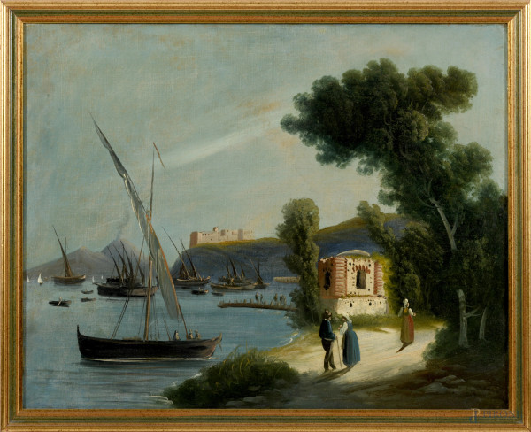 Scorcio marittimo con Vesuvio sullo sfondo, olio su tela, XX secolo, cm 50x63 entro cornice