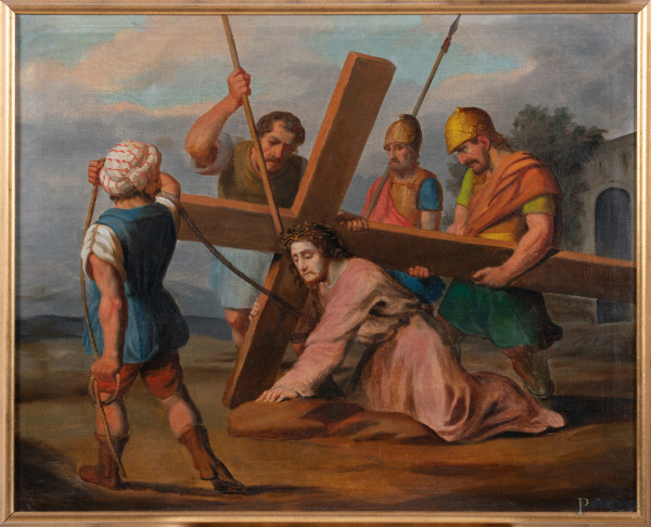 Gesù cade sotto al peso della Croce, XVIII secolo, olio su tela, cm 80x100, entro cornice, (segni di battitura del telaio)