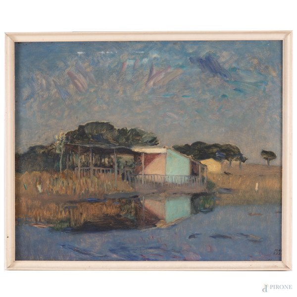 Maceo Casadei(1899-1992), Capanno in Palude (Valli di Ravenna), tecnica mista su masonite, cm 60x50, entro cornice
