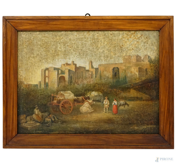 Pittore del XIX secolo, Scena campestre con rovine romane e contadini, olio su tela, cm 45,5x61,5, entro cornice