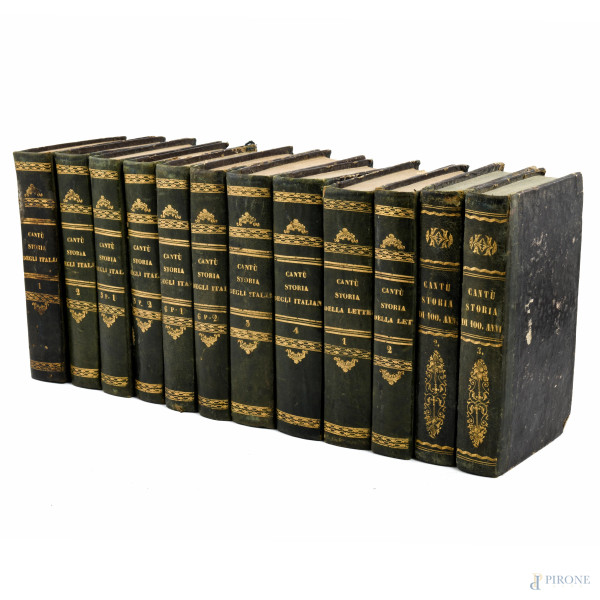 Lotto composto da Storia degli Italiani per Cesare Cantù, Napoli 1857-1860, (voll. Ie VI); Storia della letteratura italiana esempj e giudizj esposti da Cesare Cantù, Napoli 1857-1858 (voll. I-II); Storia di Cento Anni (1750-1850) di Cesare Cantù, Napoli, (segni di usura, strappi, tracce di umidità, bruniture, difetti)
