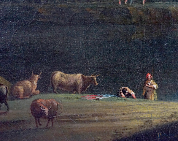 Bottega di Paolo Anesi (Roma, 1697 - Roma, 1773), Paesaggio con figure, armenti e rovine sullo sf...