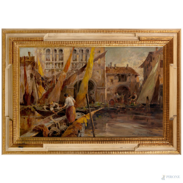 Cleto Moiraghi (1880-1943), Sulle barche, olio su tela, cm 70,5x110, firmato in basso a destra, entro cornice