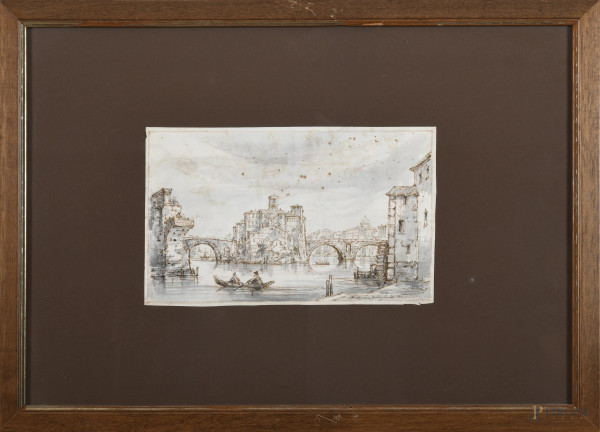 Ponte Sublicio, XIX secolo, disegno a inchiostro acquarellato su carta applicato su carta, cm 16,5x26, entro cornice, (segni di usura, tracce di umidità, increspature della carta, difetti)