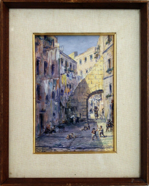 Vicolo di Napoli con fanciulli, tecnica mista su carta, cm 23x16, firmato, entro cornice.