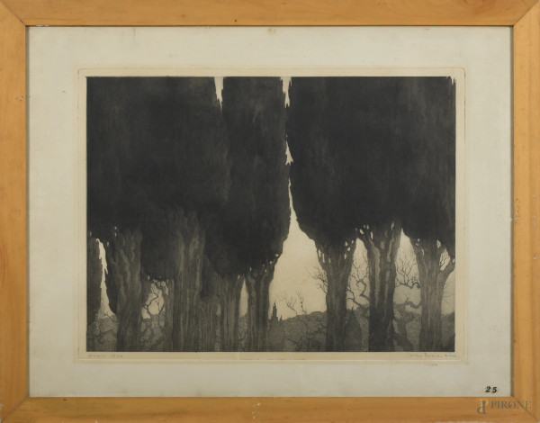 Sarino Papalia (1897-1958), Leopardi, incisione su carta 14/25, cm 63x83, firmato in basso a destra, iscritto in basso a sinistra, entro cornice, (segni di usura, foxing, gore, tracce di umidità, ondulazioni della carta)