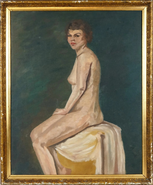 Nudo di donna, olio su tela, cm 52x42, metà XX secolo, entro cornice