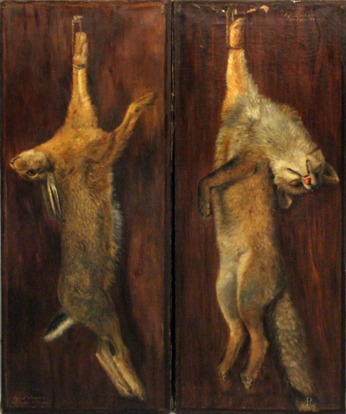 Eagle Lachome de sable d'Olone, coppia di oli su tela a soggetti di cacciagione, volpe e lepre, 100x40 cm, scuola francese fine 800 primi  900.
