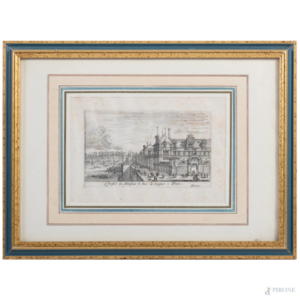 Israel Silvstre, (1621 - 1691), "L'Hostel de Monsieur le Duc de Lunyes a Paris", cquaforte su carta vergata, cm 23x33 compreso passepartout, entro cornice cornice, (ondulazioni della carta, foxing)