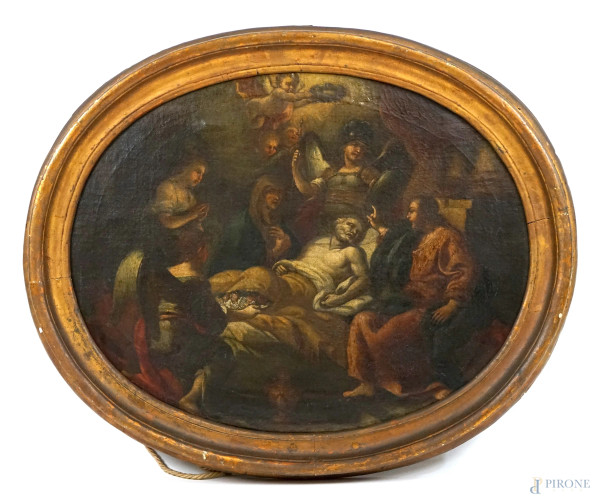 Pittore del XVII secolo, Morte di San Giuseppe, olio su tela ad assetto ovale, cm 58x74, entro cornice
