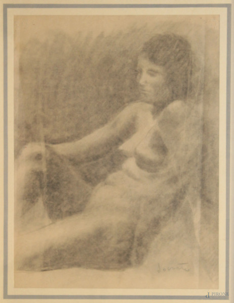 Nudo di donna, disegno su carta, cm 35x45, entro cornice firmato Socrate.