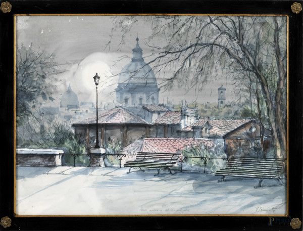 Roma, notturno del Campidoglio, acquerello su carta, XX secolo, cm 50x67 entro cornice, firmato in basso a destra