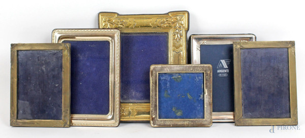 Lotto di sei cornici portafoto in argento, misure max cm 21x17,5, (difetti)